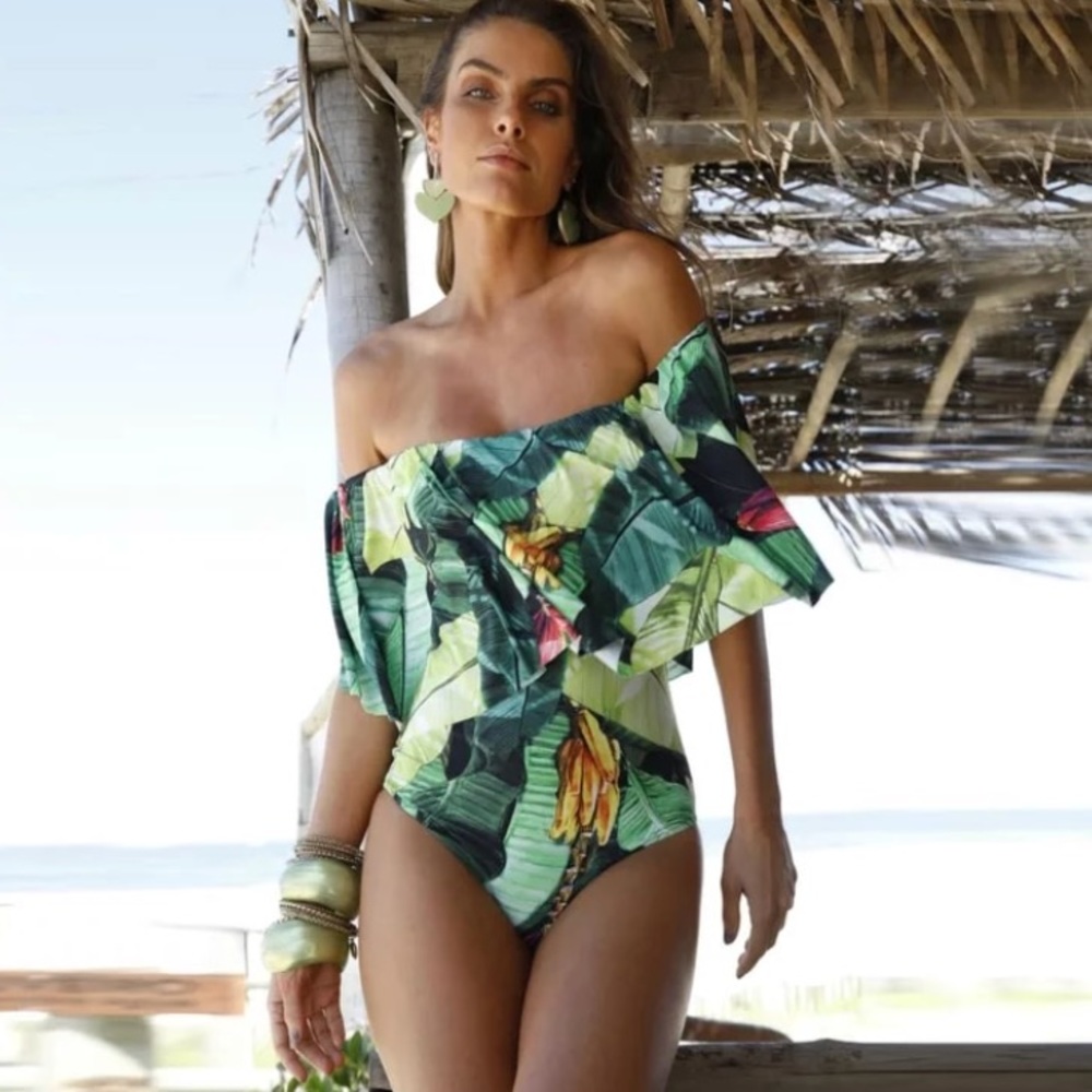 Off Shoulder Ruffle Banana Palm Leaf Swimsuit - Picture 3 of 5